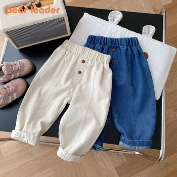 דוב, מנהיג בנים / בנות מכנסיים 2023 אביב / סתיו חדש מוצק כפתור ג 'ינס של ילדים בנים בנות אופנה ג' ינס תינוק חמוד המכנסיים